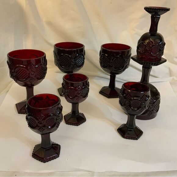 Vintage Avon Cape Cod 1876 Ruby Red Footed Cordial Glasses Goblets Set of 8 A1 - Picture 6 of 10